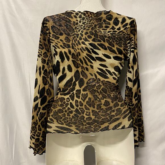 Uno Core Top Blouse V Neck Animal Print Flare Sleeves Vtg Boho 90s Y2K Hippie - Picture 2 of 9